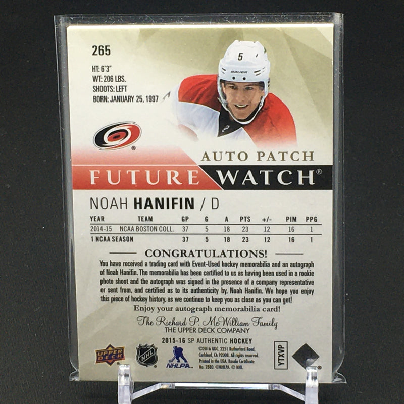 2015 UPPER DECK SP AUTHENTIC HOCKEY - FUTURE WATCH - N. HANIFIN - #265 - #'D/100 - AUTOGRAPH RELIC - RC