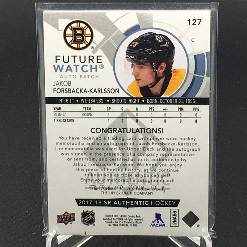 2017 UPPER DECK SP AUTHENTIC - FUTURE WATCH AUTO PATCH - J. KARLSSON - #127 - #'D/100 - RELIC - AUTOGRAPH - RC