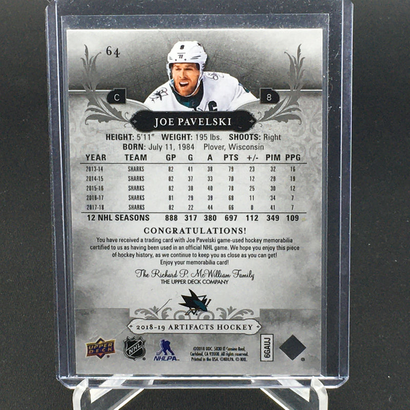 2018 UPPER DECK ARTIFACTS - J. PAVELSKI - #64 - #'D/165 - DUAL RELIC