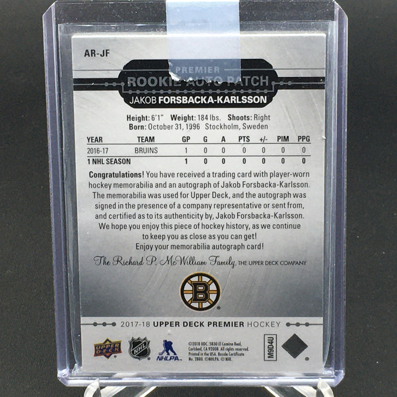2017 UPPER DECK PREMIER - ROOKIE AUTO PATCH - J. KARLSSON - #AR-JF - #'D/299 - RELIC - AUTOGRAPH - RC
