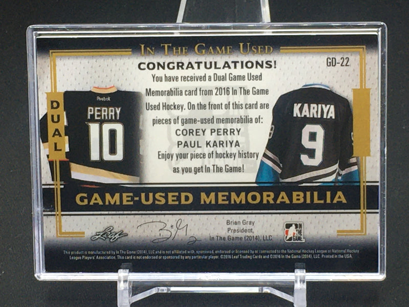 2016 LEAF IN THE GAME USED - DUAL GAME USED MEMORABILIA - C. PERRY/ P. KARIYA - #GD-22 - #'D/45 - DUAL JERSEY