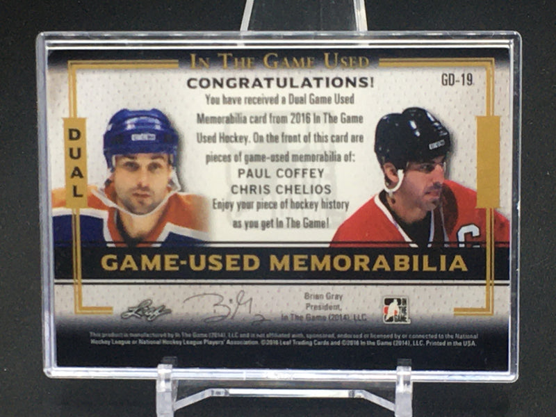 2016 LEAF IN THE GAME USED - DUAL GAME USED MEMORABILIA - P. COFFEY/ C. CHELIOS - #GD-19 - #'D/2 - DUAL JERSEY