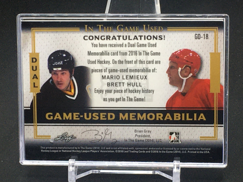 2016 LEAF IN THE GAME USED - DUAL GAME USED MEMORABILIA - M. LEMIEUX/ B. HULL - #GD-18 - #'D/45 - DUAL JERSEY