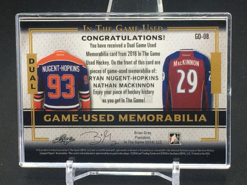 2016 LEAF IN THE GAME USED - DUAL GAME USED MEMORABILIA - R. HOPKINS/ N. MACKINNON - #GD-08 - #'D/25 - DUAL JERSEY