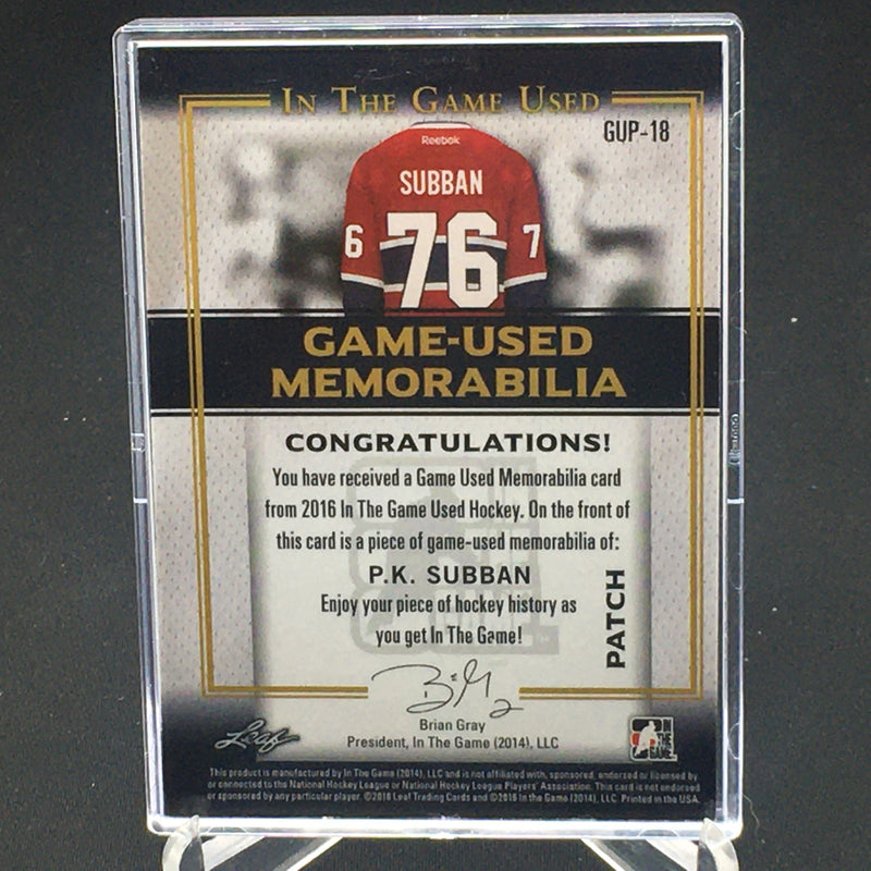 2016 LEAF IN THE GAME USED - GAME USED MEMORABILIA - P. SUBBAN - #GUP-18 - #'D/5 - PATCH