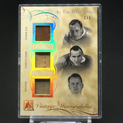 2016 LEAF IN THE GAME USED HOCKEY - VINTAGE 3 MEMORBILIA - A. BAILEY/ R. CLANCY/ H. DAY - #VM3-05 - #'D/1 - MEMORABILIA
