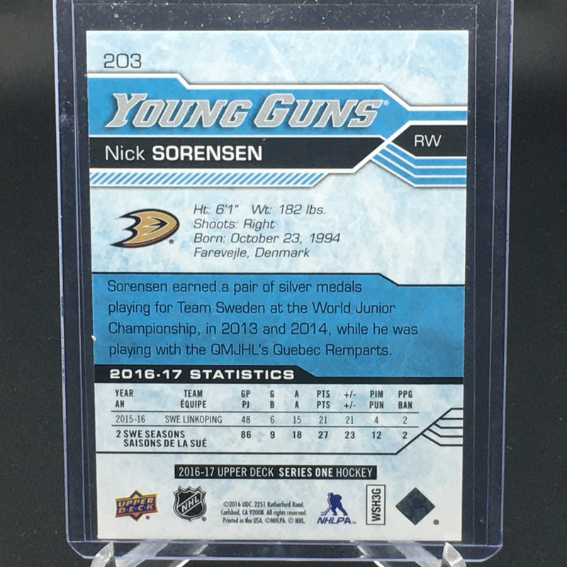 2016 UPPER DECK SERIES ONE - YOUNG GUNS - N. SORENSEN -
