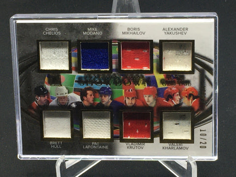 2016 LEAF IN THE GAME USED - INTERNATIONAL SHOWDOWN - C. CHELIOS/ M. MODANO/ B. MIKAILOV/ A.YAKUSHEV/ B. HULL/ P. LAFONTAINE/ V. KRUTOV/ V. KHARLAMOV - #IS-01 - #'D/20 - JERSEY