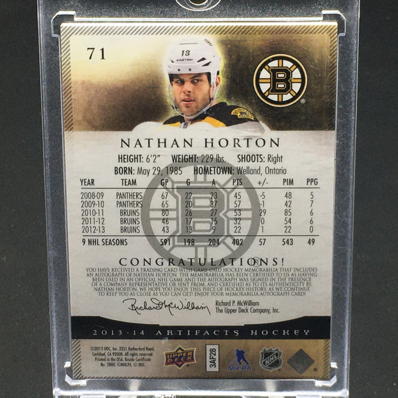 2013 UPPER DECK ARTIFACTS - GREEN - N. HORTON - #71 - #'D/8 - DUAL RELIC - AUTOGRAPH