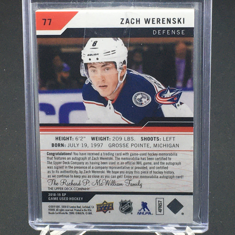 2018 UPPER DECK SP GAME USED HOCKEY - Z. WERENSKI - #77 - #'D/15 - AUTO/PATCH