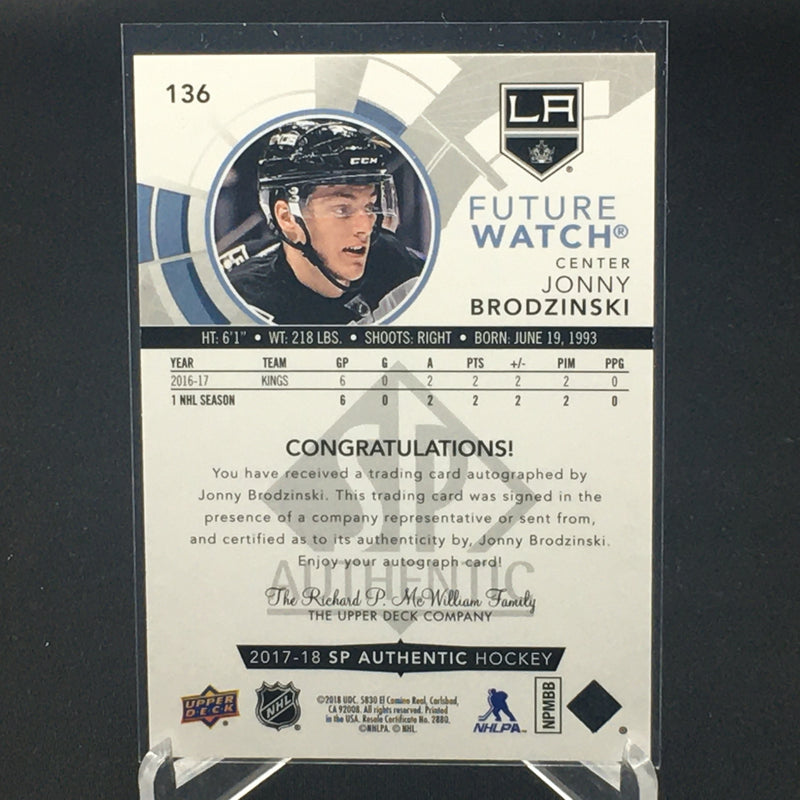 2017 UPPER DECK SP AUTHENTIC - FUTURE WATCH - J. BRODZINSKI - #136 - #'D/999 - AUTOGRAPH - RC