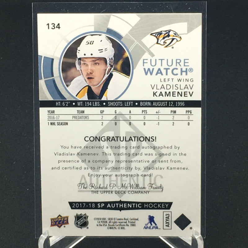 2017 UPPER DECK SP AUTHENTIC - FUTURE WATCH - V. KAMENEV - #134 - #'D/999 - AUTOGRAPH - RC